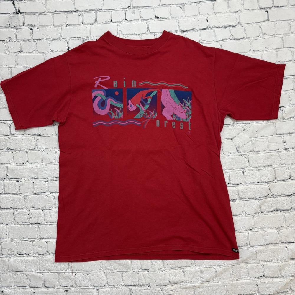 Vtg 90s Jansport USA Red Rain Forest Shirt Snake Chameleon Jaguar Adult XL